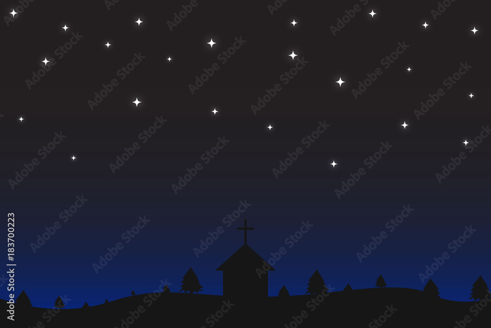 Holy Night or Starry Night with Church and Christmas Tree Silhouette