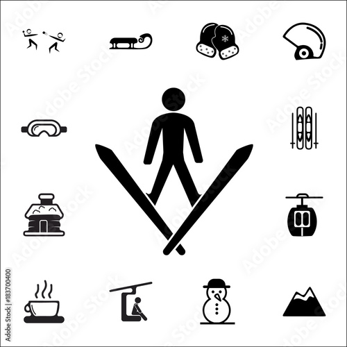 Jumping skier silhouette icon. Set of elements Christmas Holiday or New Year icons. Winter time premium quality graphic design collection icons for websites, web design