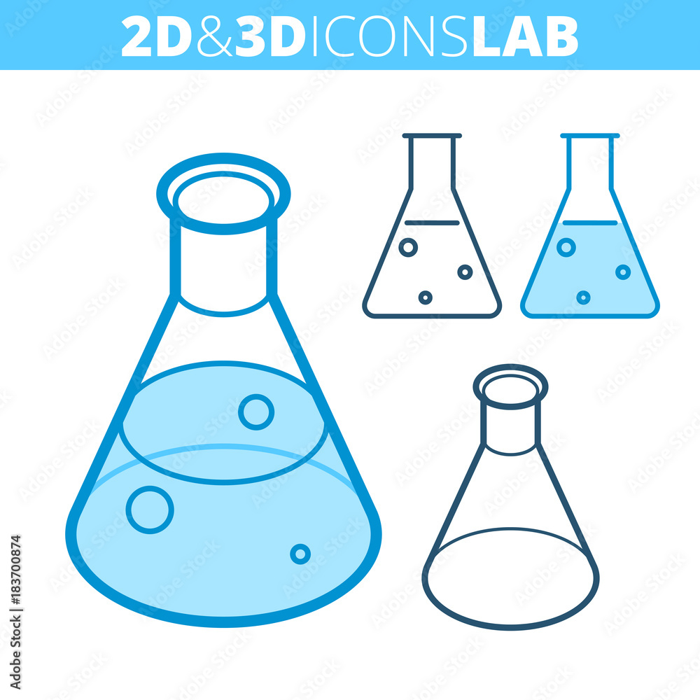 The cone-bottomed flask. Flat and isometric 3d outline icon set. The medical, science laboratory equipment line pictogram. Vector linear infographic elements for web design, social media, presentation The cone-bottomed flask. Flat and isometric 3d outline icon set. The medical, science laboratory equipment line pictogram. Vector linear infographic elements for web design, social media, presentation