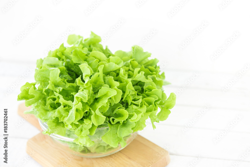 Fresh organic healthy green oak lettuce vegetable in a glass bowl Fresh organic healthy green oak lettuce vegetable in a glass bowl