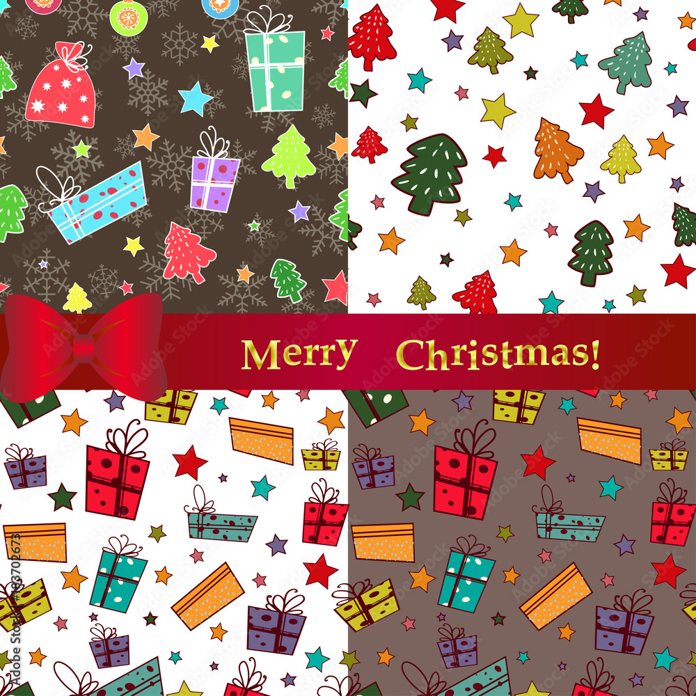 Seamless pattern with colorful vintage hand draw Christmas trees and stars