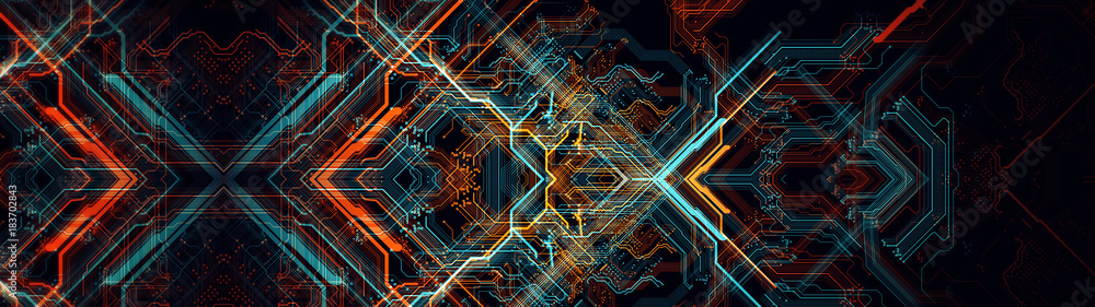 Printed circuit board/Abstract technological background made of different element printed circuit board. Depth of field effect and bokeh can be used as digital dynamic wallpaper - obrazy, fototapety, plakaty 