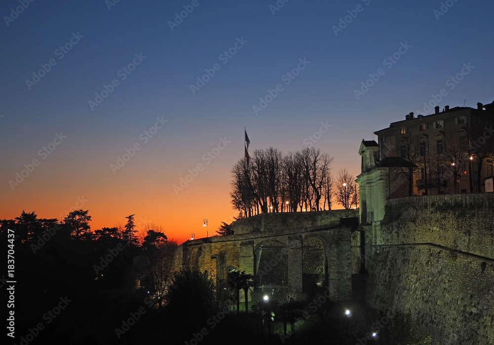 Bergamo - Old city. One of the beautiful city in Italy. Lombardia. Landscape on the old gate named Porta San Giacomo during the night. Venetian walls of Bergamo