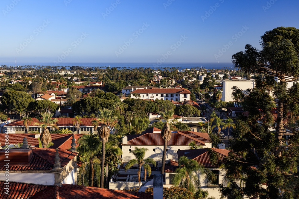 An aerial view of Santa Barbara towards the ocean.