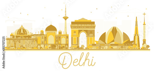 Delhi India City skyline golden silhouette.
