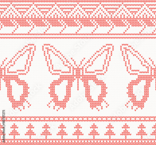 Knitted Butterfly Seamless Pattern in Red Color.
