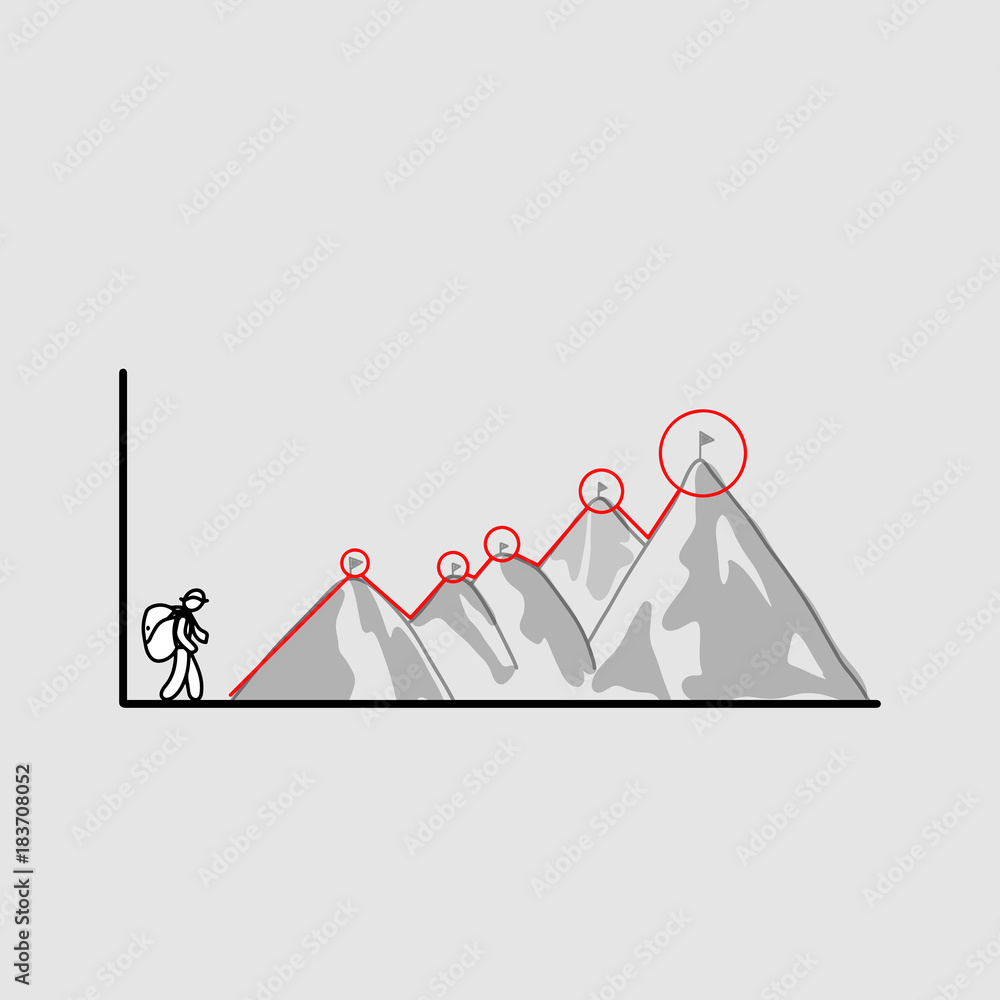 businessman walking on the top of mountain with flag vector illustration doodle sketch hand drawn with black lines isolated on gray background. Beginning of way to achievement of goal. businessman walking on the top of mountain with flag vector illustration doodle sketch hand drawn with black lines isolated on gray background. Beginning of way to achievement of goal.