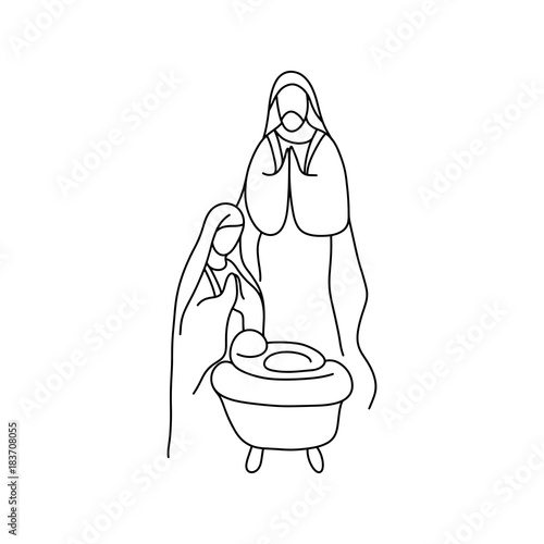 Christian Christmas nativity scene of baby Jesus with Mary and Joseph vector illustration doodle sketch hand drawn with black lines isolated on white background