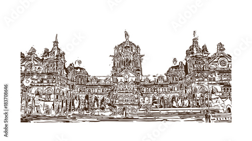 Hand drawn sketch of CST (Chatrapati Shivaji Terminal) Mumbai, India in vector illustration.