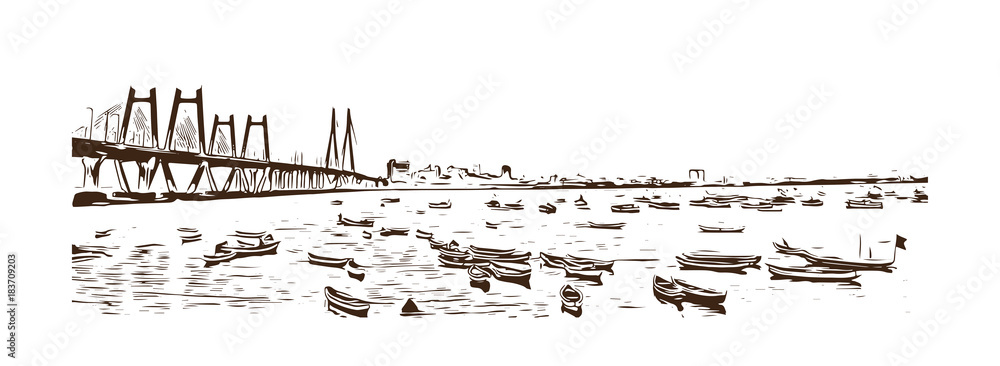 Hand drawn sketch of The Bandra-Worli Sea Link, also called Rajiv Gandhi Sea Link at dusk in vector illustration.