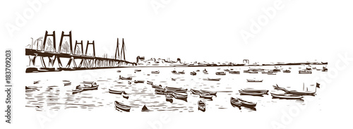 Obraz na płótnie Hand drawn sketch of The Bandra-Worli Sea Link, also called Rajiv Gandhi Sea Link at dusk in vector illustration. w salonie
