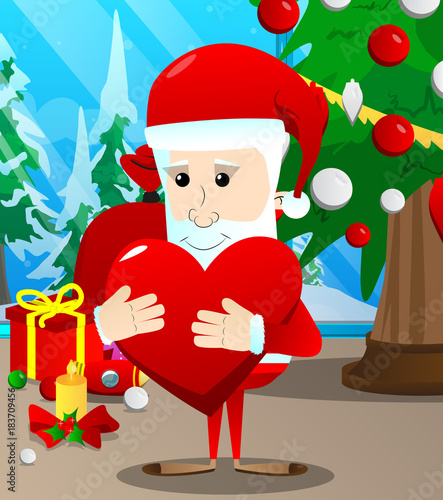 Santa Claus holding big red heart. Vector cartoon character illustration.