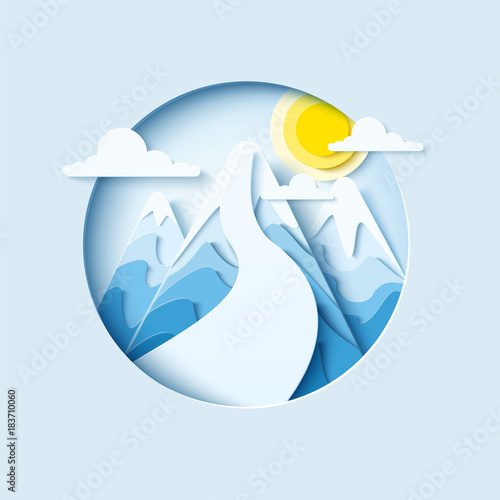 Ski slopes paper cut banner. Winter mountain paper landscape background. Vector poster for skiing resort 