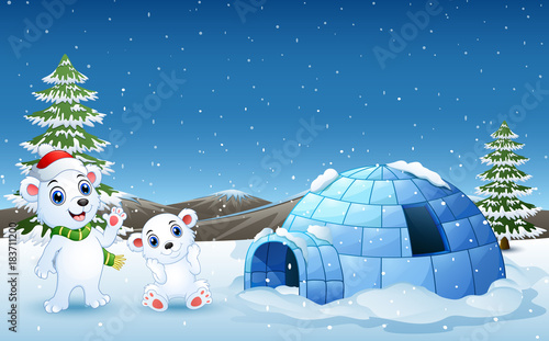 Polar bear cartoon waving hand in the snowing hill with igloo