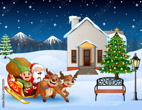 Cartoon santa claus with elf riding on a sleigh with bag of gifts
