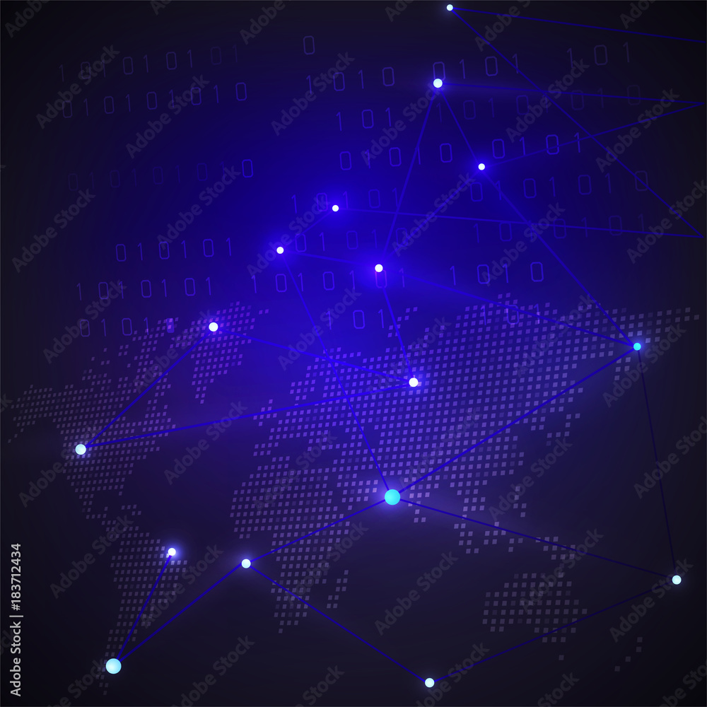 Digital technology concept with dot world map and mesh pattern shapes on dark blue background.