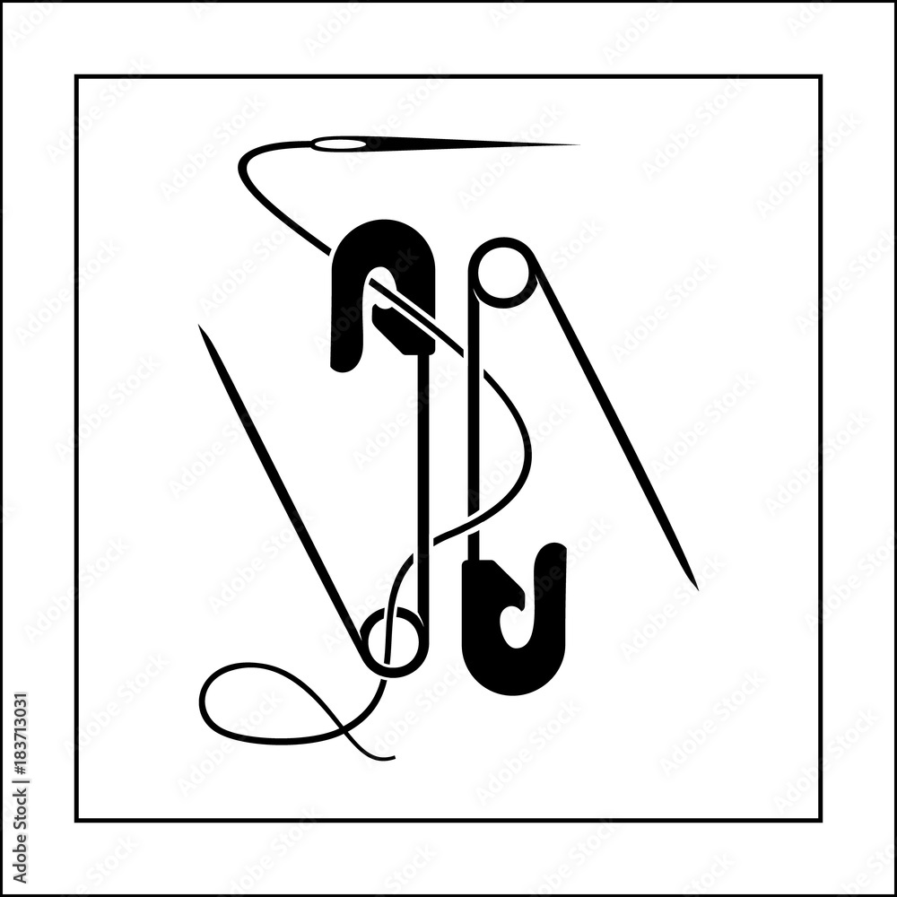 Two safety pins with needle and thread stylized simple logo design