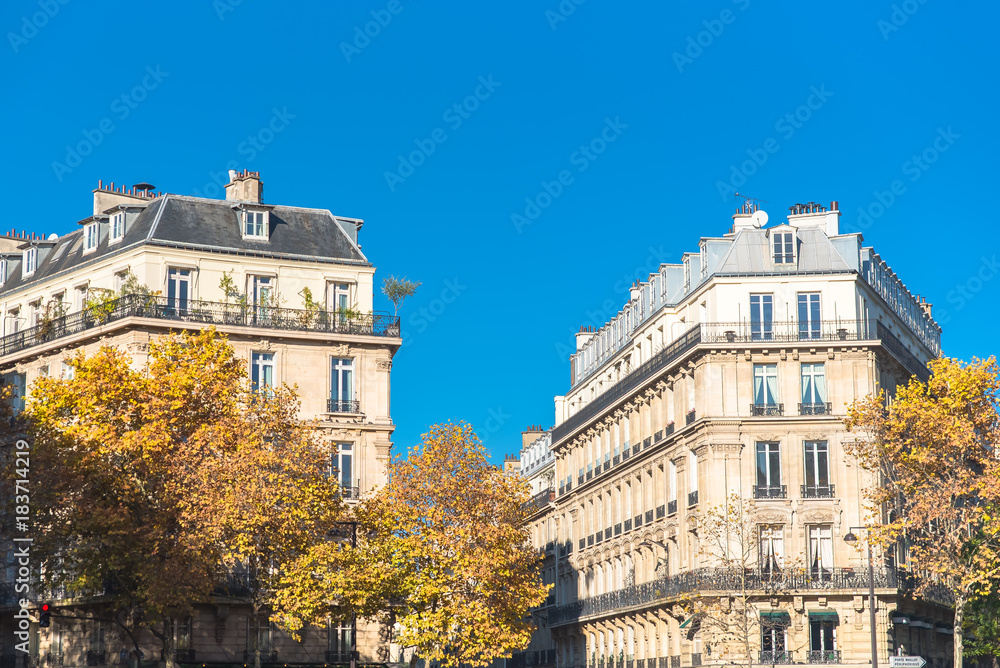 Paris, attractive Haussmann buildings in a chic area of the capital, panorama
