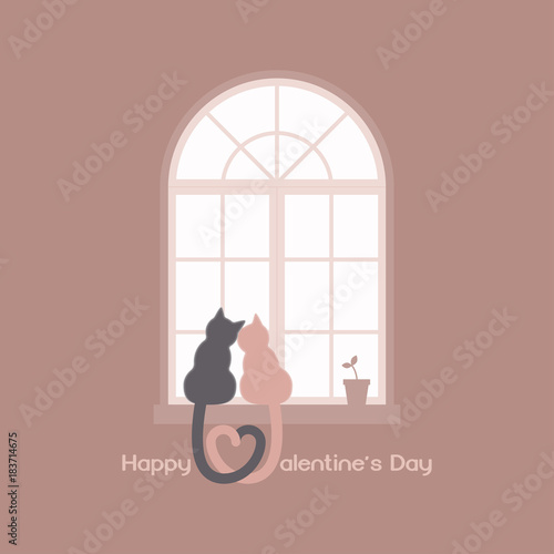 Two cats with heart shaped tails sitting on a windowsill in a room, cuddling each other and looking out a classic arched window in the daytime with plant pot, celebrate Valentines day in tone of pink