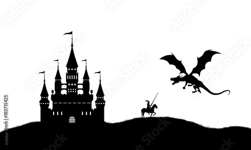 Black silhouette of dragon and knight on white background. Landscape with castle. Fantasy battle. Vector illustration