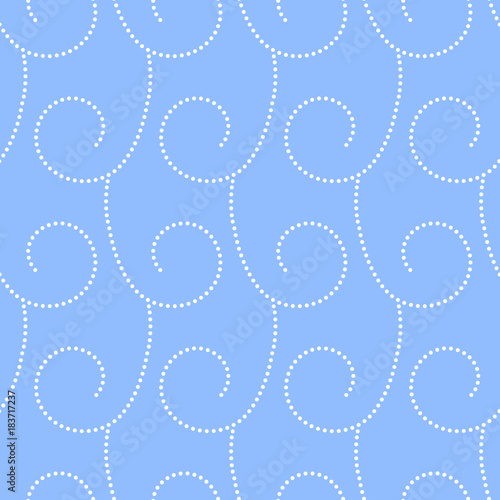 Doted wavy curves geometric seamless pattern in blue and white, vector