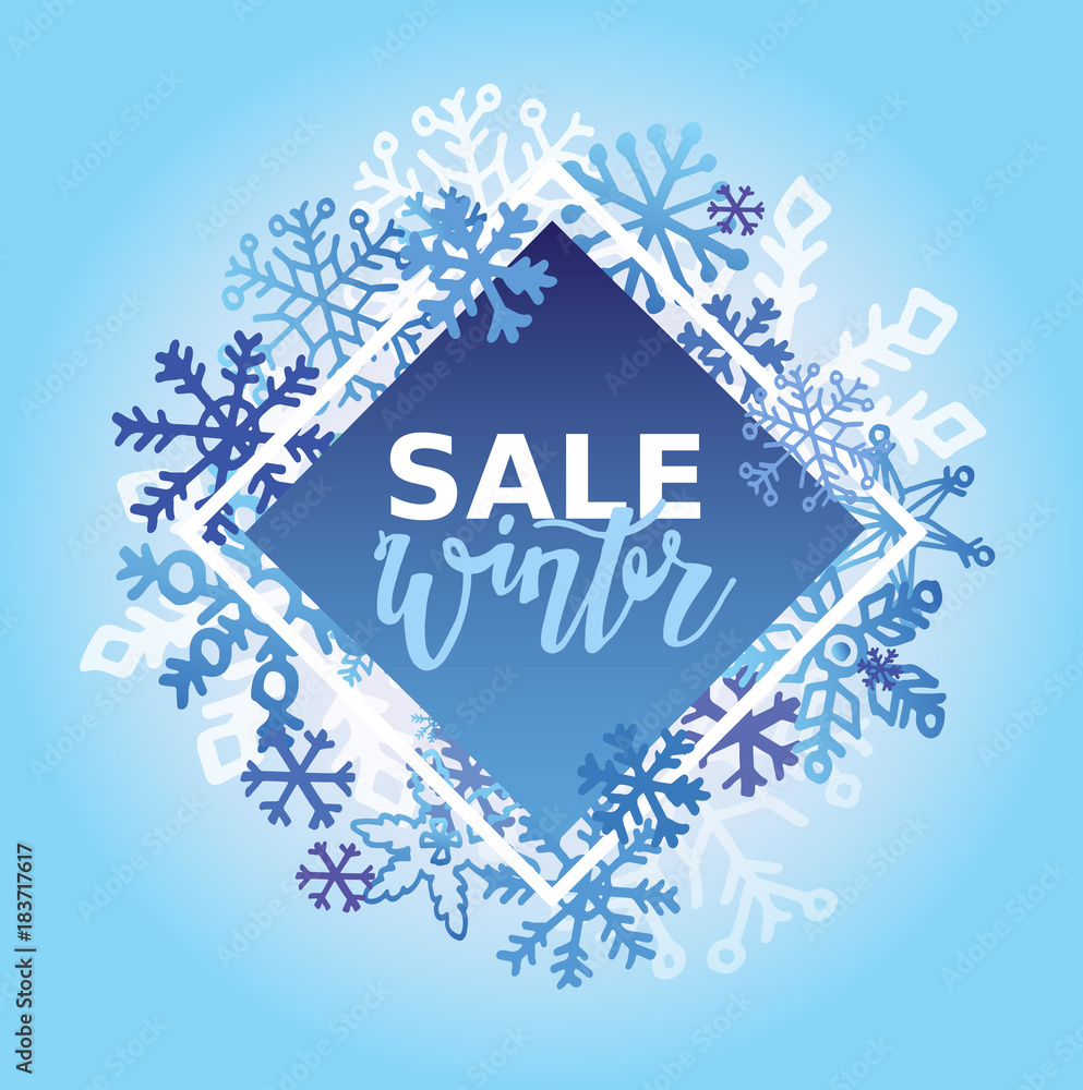 Winter sale doodle banner with snowflakes. Hand drawn lettering