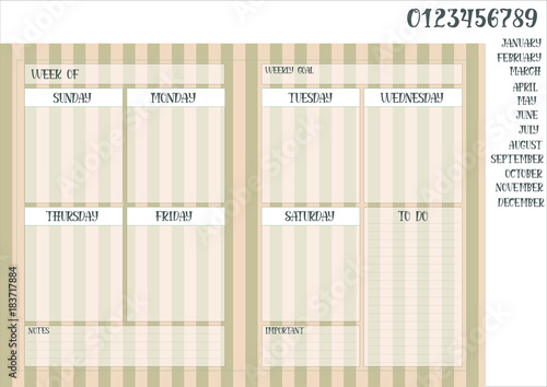 Weekly planner book on a striped brown background and names of months with numerals