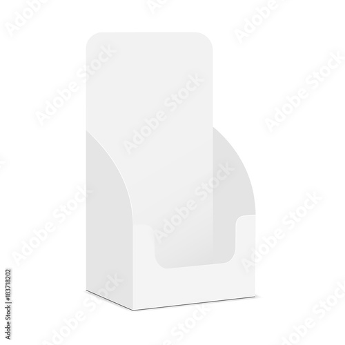 Cardboard pos display box isolated on white background - side view. Vector illustration