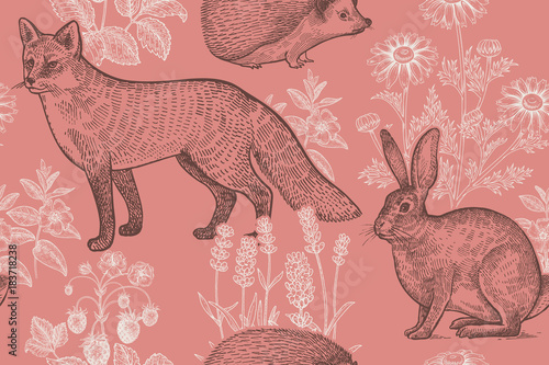 Seamless pattern with animals and flowers.