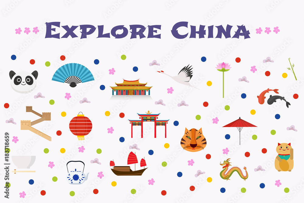 Obraz premium Travel to China vector icons set, background