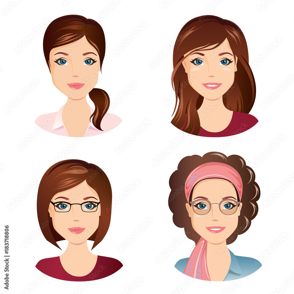 Different female hairstyles. For the girl, young adult, woman with brown hair / flat design, vector cartoon illustration Different female hairstyles. For the girl, young adult, woman with brown hair / flat design, vector cartoon illustration