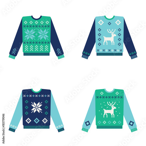 Set of ugly christmas sweaters with snowflake and deer pattern. Vector