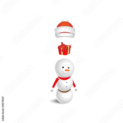 Snowman with a red Santa Claus hat and gift on a white background. A cartoon character for Christmas and New Year