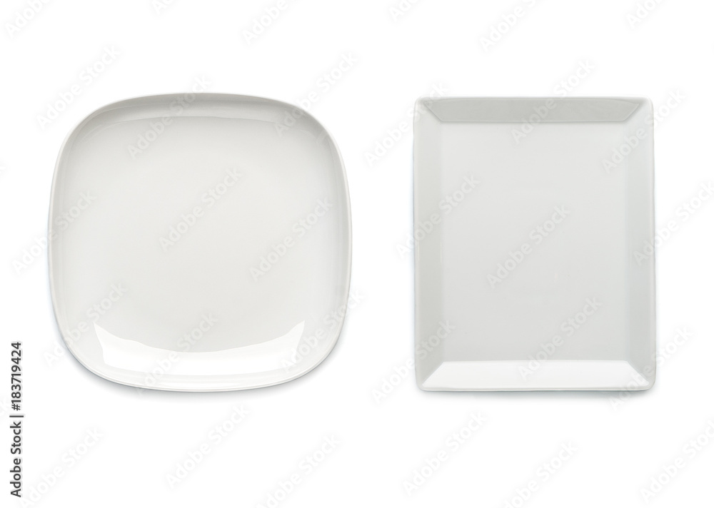 Two white plates of a square shape on a white background. View from above. Isolated.. Two white plates of a square shape on a white background. View from above. Isolated..