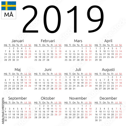 Calendar 2019, Swedish, Monday