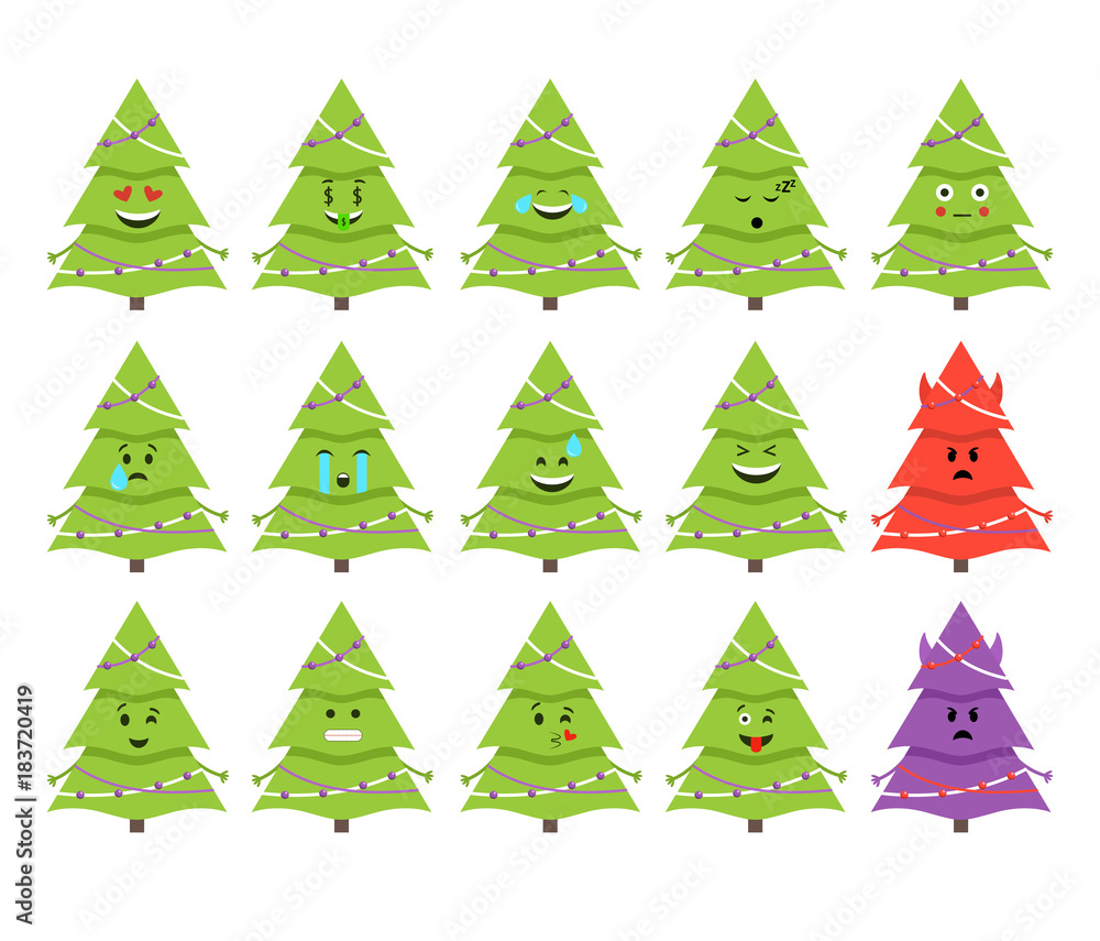 Fototapeta premium Christmas tree emoticons. Vector. Isolated on white.