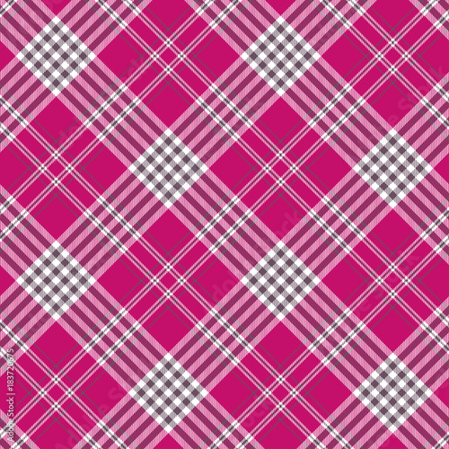 Seamless tartan plaid pattern. Checkered fabric texture print in bright fuchsia pink, grayish purple and white.
