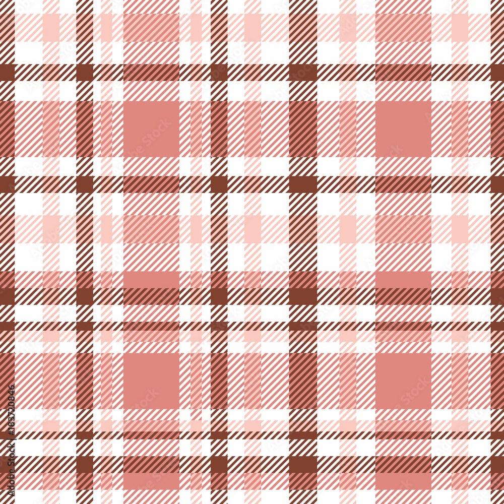 Seamless tartan plaid pattern. Checkered fabric texture print in pastel  palette of soft red, pale pink, chestnut brown and white. Stock Vector