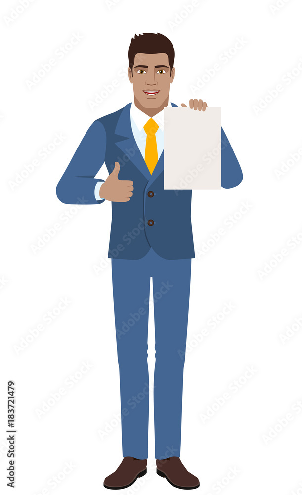 Businessman showing thumb up and showing the blank paper Businessman showing thumb up and showing the blank paper