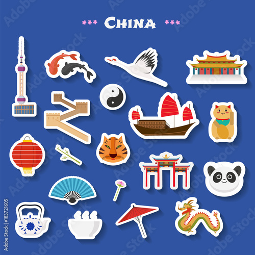 Travel to China vector icons set. Chinese landmarks, temple, great wall, architecture buildings
