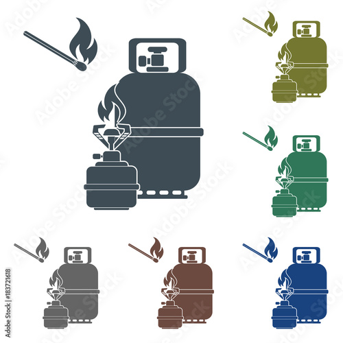 Camping stove with gas bottle icon vector