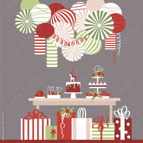 Christmas dessert table  with cake and gifts. Candy Buffet. Vector illustration.