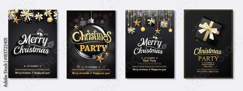 Merry christmas greeting card and party invitations on black background. Vector illustration element for happy new year flyer brochure design.