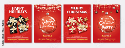 Merry christmas party glass ball and gift box for flyer brochure design on red background invitation theme concept. Happy holiday greeting banner and card template.
