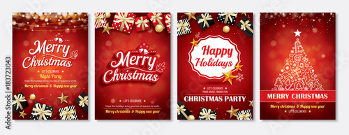 Merry christmas party glass ball and gift box for flyer brochure design on red background invitation theme concept. Happy holiday greeting banner and card template.