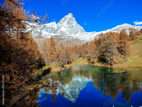 Vista panoramiva di una valle alpina con i suoi pini maestosi in primavera