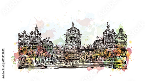 Watercolor splash with hand drawn sketch of Hand drawn sketch of CST (Chatrapati Shivaji Terminal) Mumbai, India in vector illustration.