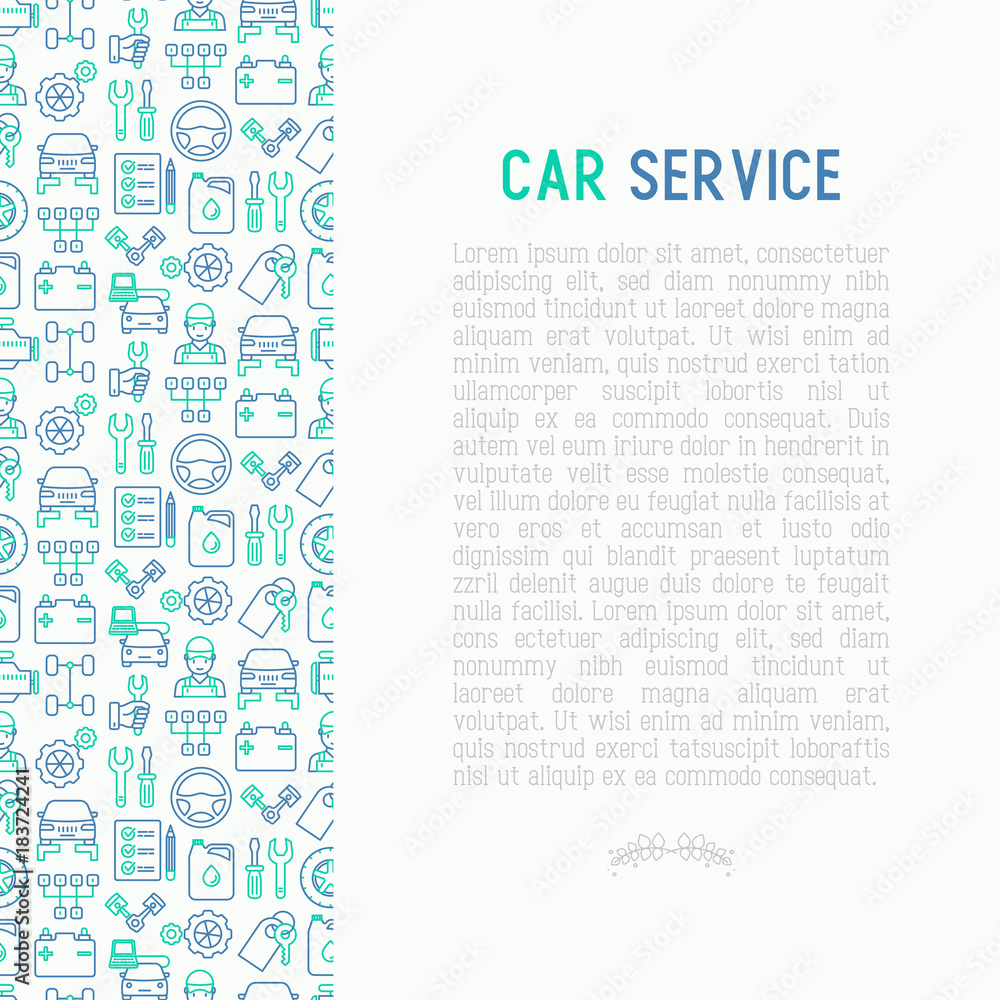 Car service concept with thin line icons of mechanic, computer diagnostics, tools, wheel, battery, transmission, jack. Modern vector illustration for banner, web page, print media.