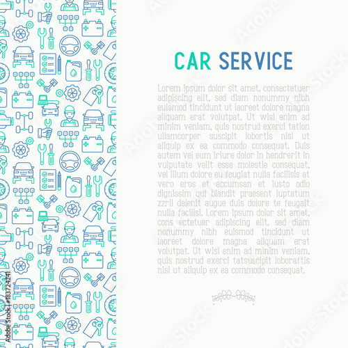 Car service concept with thin line icons of mechanic, computer diagnostics, tools, wheel, battery, transmission, jack. Modern vector illustration for banner, web page, print media.