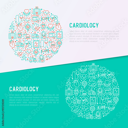 Cardiology concept in circle with thin line icons set: cardiologist, stethoscope, hospital, pulsometer, cardiogram, heartbeat. Modern vector illustration for banner, web page, print media.